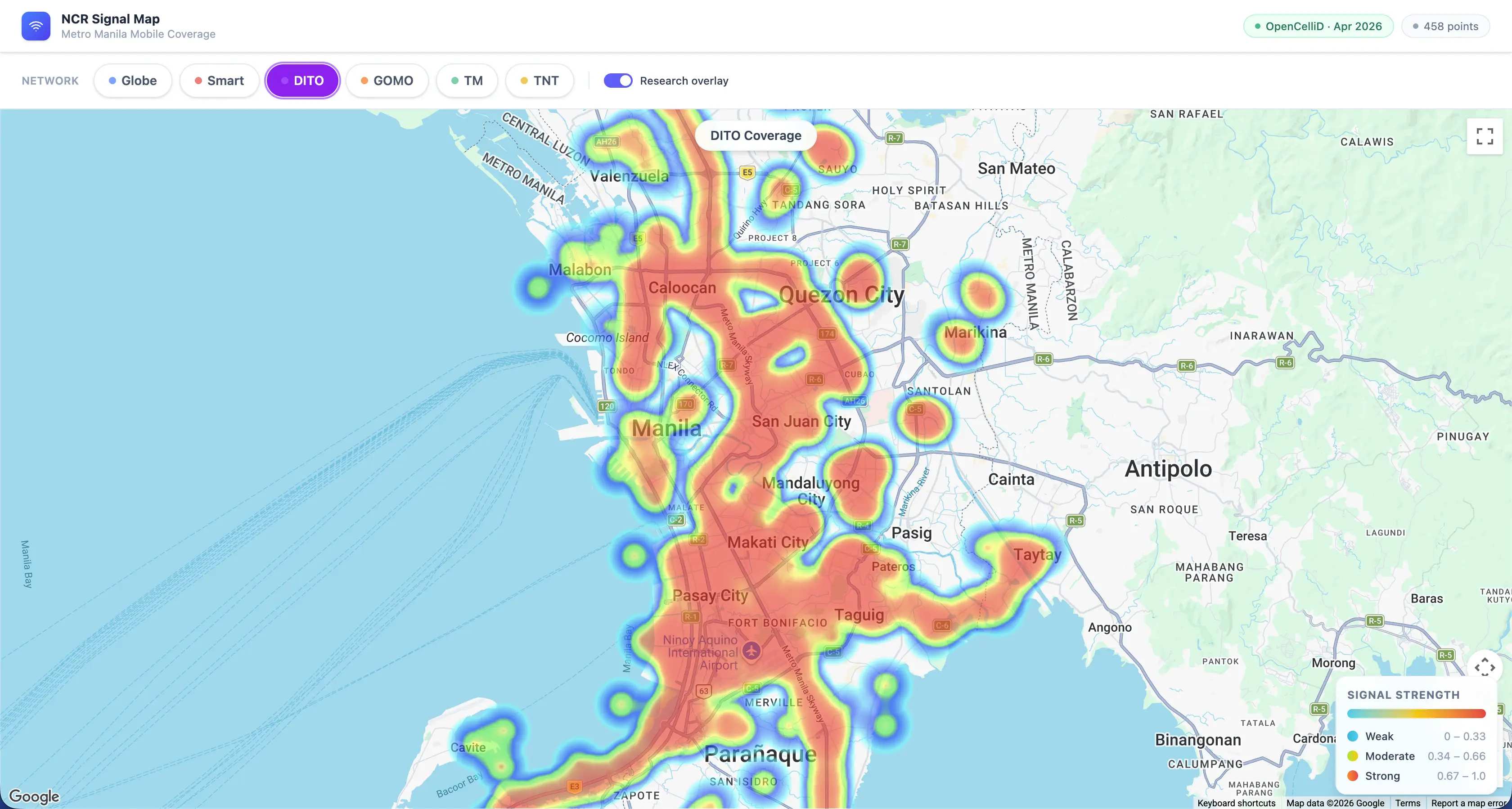 NCR mobile network signal coverage heatmap on Google Maps